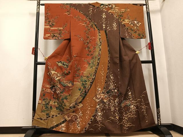 平和屋着物●訪問着 扇面花鳥舞蝶文 暈し染め 金彩 正絹 逸品 AABI8523ph