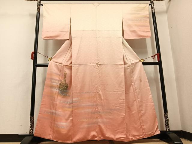 平和屋着物●人間国宝 福田喜三郎 訪問着 刺繍 陶器草花文 暈し染め 金銀彩 正絹 逸品 AABI8532ph