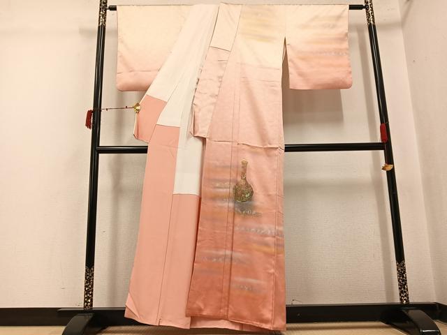 平和屋着物●人間国宝 福田喜三郎 訪問着 刺繍 陶器草花文 暈し染め 金銀彩 正絹 逸品 AABI8532ph