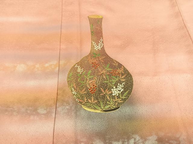 平和屋着物●人間国宝 福田喜三郎 訪問着 刺繍 陶器草花文 暈し染め 金銀彩 正絹 逸品 AABI8532ph