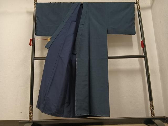平和屋着物●男性 紬 アンサンブル 色無地 鉄御納戸色 キングサイズ 反端付き 正絹 逸品 未使用 AABI8551ph