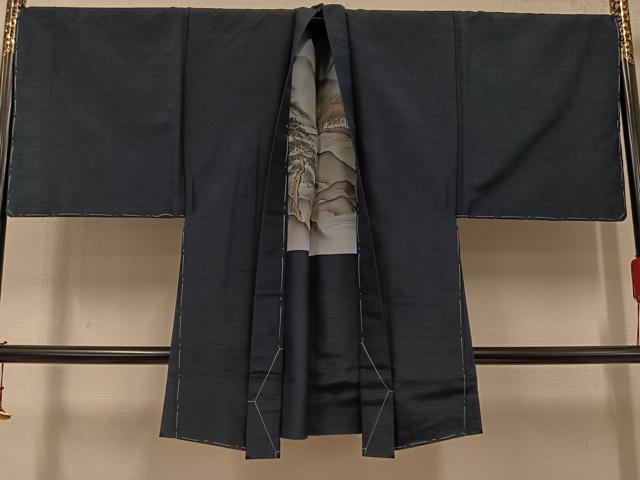 平和屋着物●男性 紬 アンサンブル 色無地 鉄御納戸色 キングサイズ 反端付き 正絹 逸品 未使用 AABI8551ph
