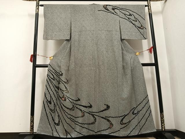 平和屋着物●訪問着 駒刺繍 総絞り 草花文 黒地 金彩 正絹 逸品 AABI8581ph
