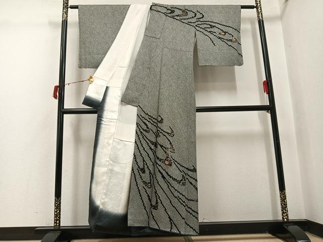 平和屋着物●訪問着 駒刺繍 総絞り 草花文 黒地 金彩 正絹 逸品 AABI8581ph