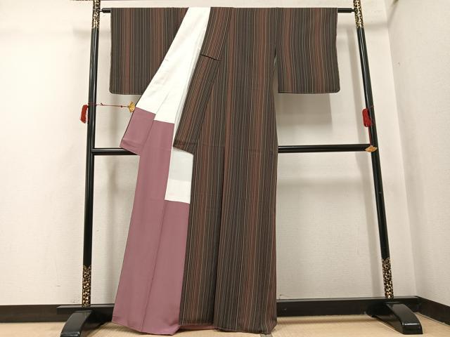 平和屋着物●上質な小紋 縞 反端付き 正絹 逸品 未使用 AABI8585ph