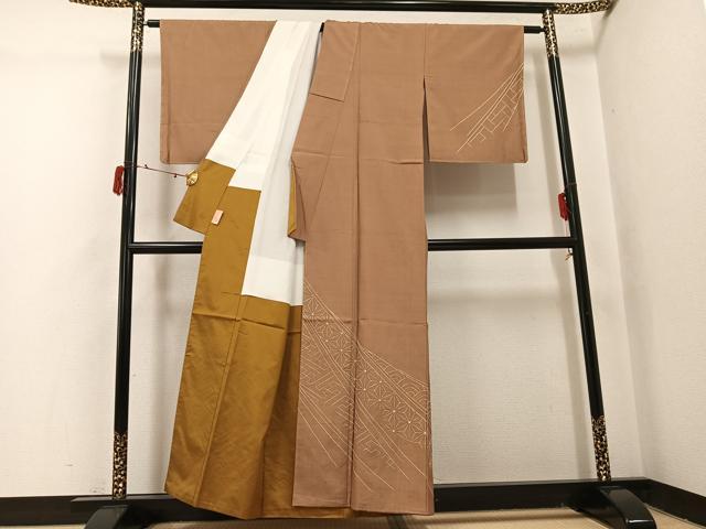 平和屋着物●訪問着 紬地 作家物 刺繍 刺子 吉祥文 正絹 逸品 AABI8605ph