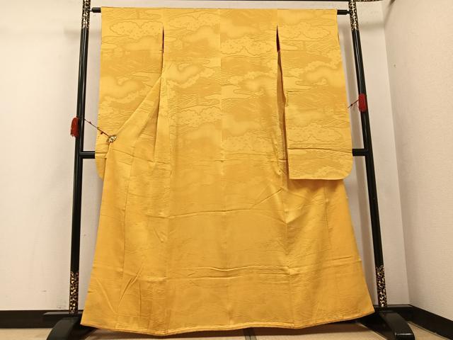 平和屋本店●アンティーク 大正ロマン 振袖 色無地 雲重ね地紋 黄朽葉色 正絹 逸品 AABI8606ph