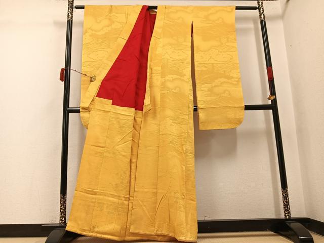 平和屋本店●アンティーク 大正ロマン 振袖 色無地 雲重ね地紋 黄朽葉色 正絹 逸品 AABI8606ph