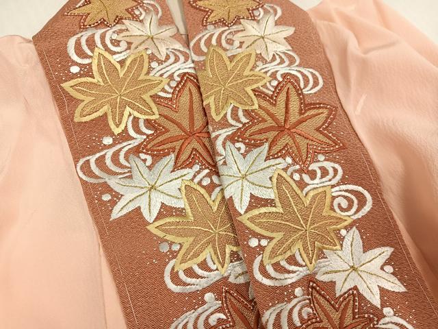 平和屋着物●長襦袢 無双仕立て 舞扇地紋 淡香色 高島屋扱い 半衿刺繍 正絹 逸品 AABI8609ph