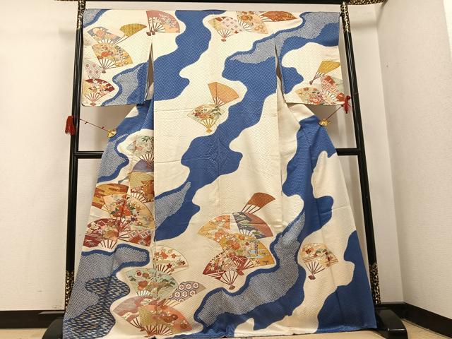 平和屋着物●創業460年・千總 訪問着 駒刺繍 絞り 扇面花文 金彩 三越扱い 正絹 逸品 AABI8612ph