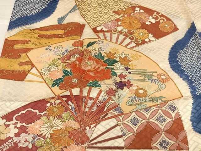 平和屋着物●創業460年・千總 訪問着 駒刺繍 絞り 扇面花文 金彩 三越扱い 正絹 逸品 AABI8612ph
