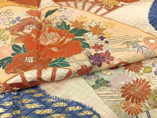 平和屋着物●創業460年・千總 訪問着 駒刺繍 絞り 扇面花文 金彩 三越扱い 正絹 逸品 AABI8612ph
