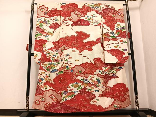 平和屋着物●豪華振袖 型染め 草花文 正絹 逸品 AABI8636ph
