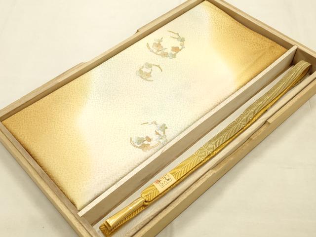 平和屋本店●和装小物 帯締め・帯揚げセット 笹浪組 枝花文 金糸 金銀彩 暈し染め 正絹 逸品 未使用 AABI8672ay