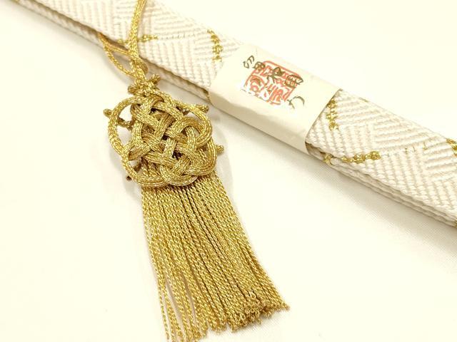 平和屋本店●和装小物 帯締め・帯揚げ・扇子セット 礼装用 地紙花文 金糸 長丈 亀房付き 正絹 逸品 未使用 AABI8676ay