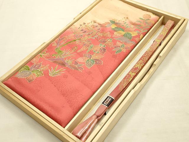 平和屋本店●和装小物 帯締め・帯揚げセット 高麗組 綾出し 草花文 金糸 金彩 暈し染め 正絹 逸品 未使用 AABI8696ay