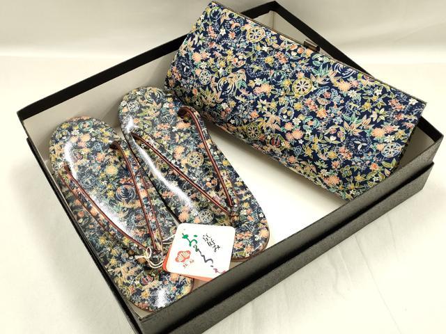 平和屋着物▼和装小物 和装バッグ・草履セット クラッチバッグ 草花文 源氏車 逸品 未使用 AABI8703ay
