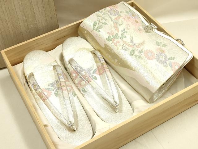 平和屋着物■和装小物 和装バッグ・草履セット 佐賀錦 ハンドバッグ クラッチバッグ 花鳥文 尾長鳥 金銀糸 逸品 AABI8708ay