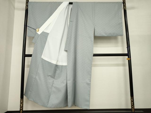 平和屋着物●男性 色無地 菱繋ぎ地紋 桔梗鼠色 洗える着物 AABI8809ck