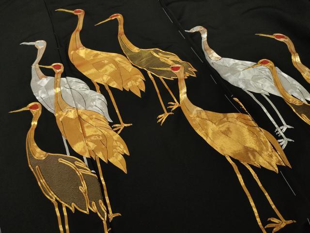 平和屋着物●豪華黒留袖 駒刺繍 総刺繍 中国三大刺繍 相良刺繍 群れ鶴文 仮絵羽 正絹 逸品 未使用 AABI8847ck