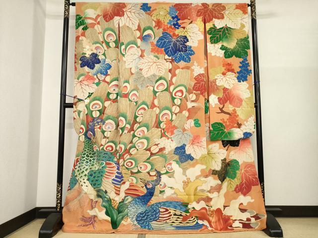 平和屋本店●アンティーク 大正ロマン 振袖 駒刺繍 孔雀文 金彩 ロング丈 正絹 逸品 AABI8855ck
