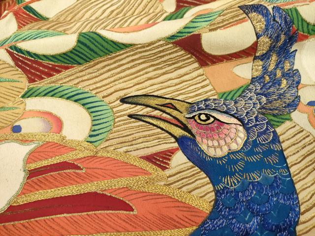 平和屋本店●アンティーク 大正ロマン 振袖 駒刺繍 孔雀文 金彩 ロング丈 正絹 逸品 AABI8855ck