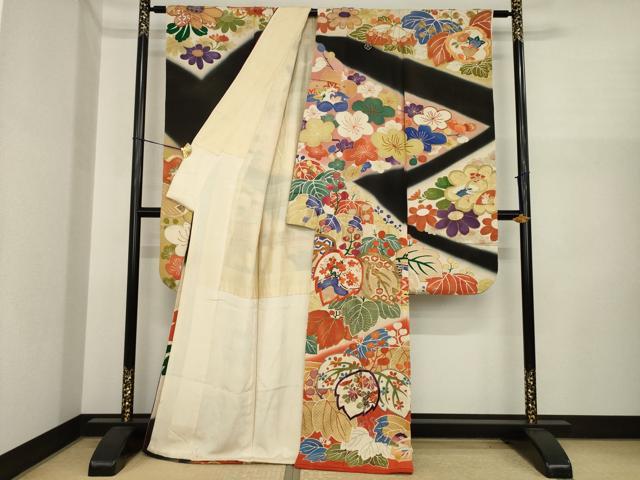 平和屋本店●アンティーク 大正ロマン 振袖 駒刺繍 桐 暈し染め 金彩 正絹 逸品 AABI8856ck