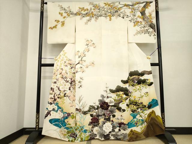 平和屋着物●希少 工芸染匠 成謙 訪問着 刺繍 桜に松四季草花 金彩 正絹 逸品 AABI8860ck