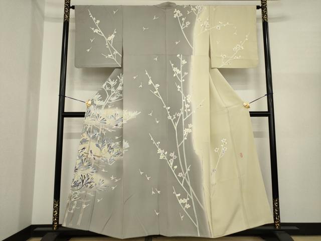 平和屋着物●本加賀友禅作家 岡崎重雄 訪問着 枝に休み鳥 暈し染め 正絹 逸品 AABI8861ck