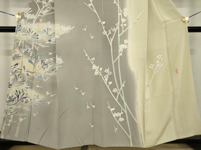 平和屋着物●本加賀友禅作家 岡崎重雄 訪問着 枝に休み鳥 暈し染め 正絹 逸品 AABI8861ck
