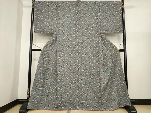 平和屋着物●本場琉球紅型 小紋 舞扇花文 正絹 逸品 未使用 AABI8862ck