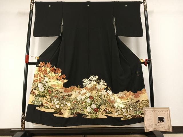 平和屋着物●松尾光琳 純金 黒留袖 刺繍 花鳥文 金彩 保証書付き 正絹 逸品 AABI8886fy