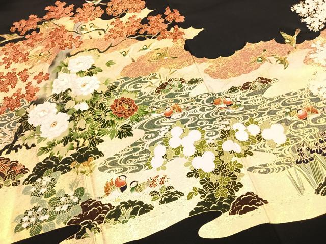 平和屋着物●松尾光琳 純金 黒留袖 刺繍 花鳥文 金彩 保証書付き 正絹 逸品 AABI8886fy