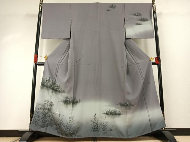 平和屋着物●訪問着 作家物 手描き 鷺 風景文 暈し染め 正絹 逸品 未使用 AABI8889fy