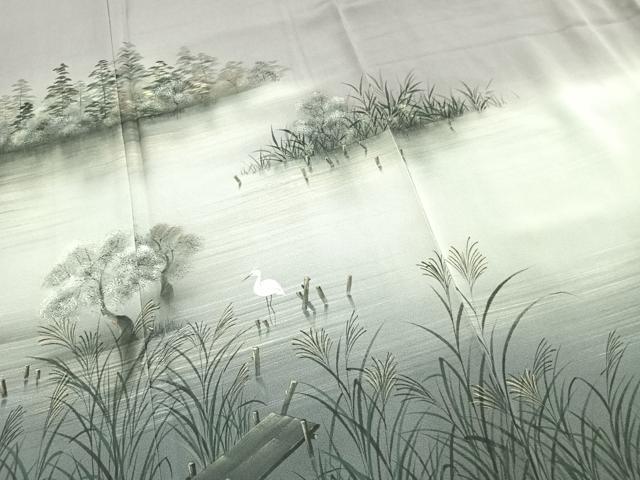 平和屋着物●訪問着 作家物 手描き 鷺 風景文 暈し染め 正絹 逸品 未使用 AABI8889fy