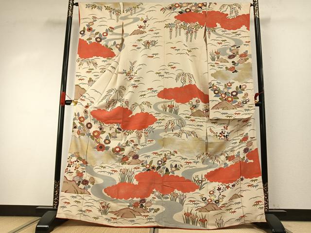 平和屋着物●アンティーク 大正ロマン 豪華振袖 駒刺繍 雲取り花文 金彩 正絹 逸品 AABI8893fy