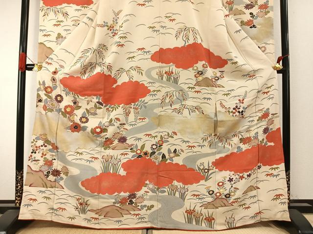 平和屋着物●アンティーク 大正ロマン 豪華振袖 駒刺繍 雲取り花文 金彩 正絹 逸品 AABI8893fy