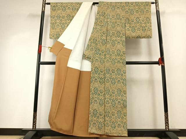 平和屋着物●上質な小紋 更紗花文 鬼しぼ縮緬 正絹 逸品 AABI8901fy