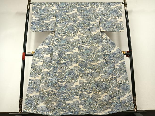 平和屋着物●上質な小紋 型染め 風景人物文 正絹 逸品 AABI8908fy