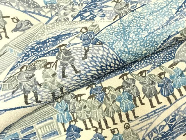 平和屋着物●上質な小紋 型染め 風景人物文 正絹 逸品 AABI8908fy