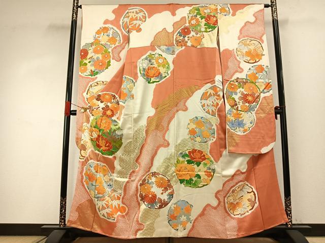 平和屋着物●豪華振袖 駒刺繍 絞り 草花文 金彩 三越扱い 正絹 逸品 AABI8913fy