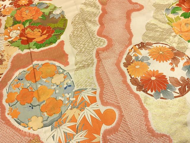 平和屋着物●豪華振袖 駒刺繍 絞り 草花文 金彩 三越扱い 正絹 逸品 AABI8913fy