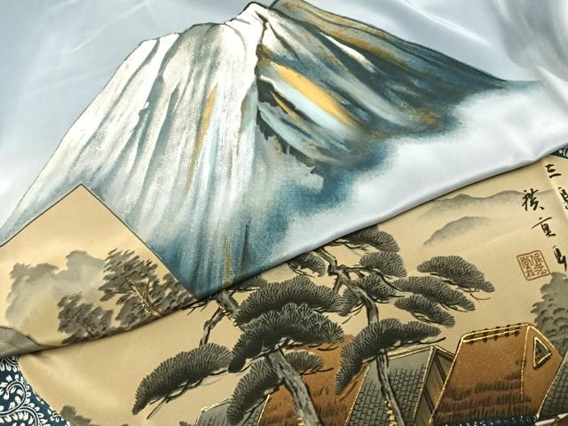 平和屋着物●男性 長襦袢 無双仕立て 手描き 富士山 風景文 暈し染め 金彩 正絹 逸品 AABI8915fy
