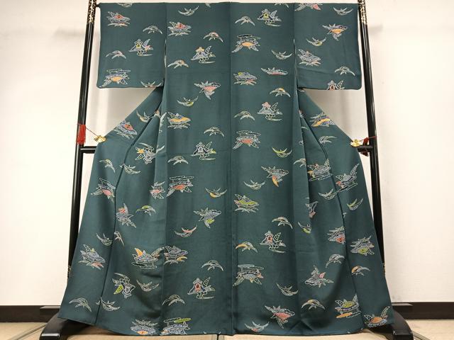 平和屋着物●上質な小紋 型染め 風景文 鬼しぼ縮緬 正絹 逸品 AABI8922fy
