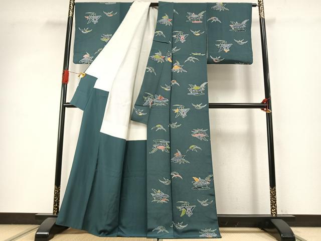平和屋着物●上質な小紋 型染め 風景文 鬼しぼ縮緬 正絹 逸品 AABI8922fy