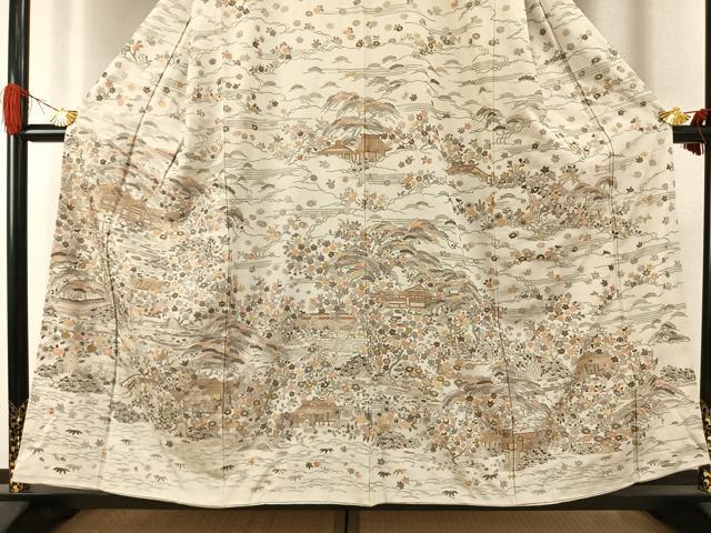 平和屋着物●訪問着 総刺繍 中国三大刺繍 スワトウ刺繍 汕頭刺繍 風景花文 金糸 正絹 逸品 AABI8924fy
