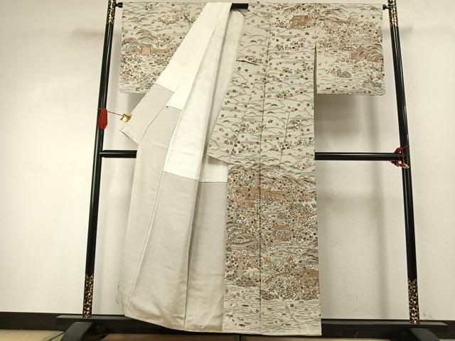 平和屋着物●訪問着 総刺繍 中国三大刺繍 スワトウ刺繍 汕頭刺繍 風景花文 金糸 正絹 逸品 AABI8924fy