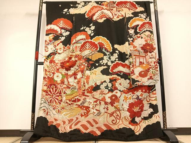 平和屋本店●アンティーク 大正ロマン 振袖 駒刺繍 御所車花文 黒地 金彩 正絹 逸品 AABI8925fy