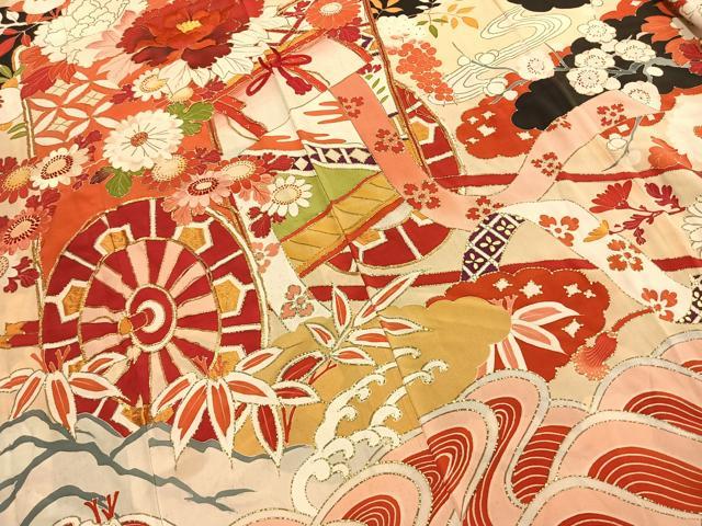 平和屋本店●アンティーク 大正ロマン 振袖 駒刺繍 御所車花文 黒地 金彩 正絹 逸品 AABI8925fy