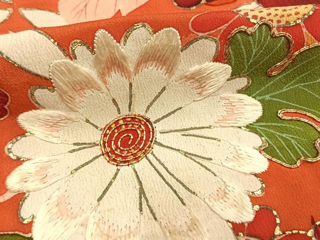 平和屋本店●アンティーク 大正ロマン 振袖 駒刺繍 御所車花文 黒地 金彩 正絹 逸品 AABI8925fy